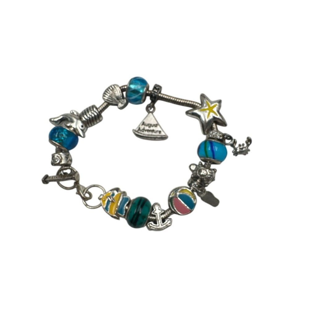 August Adventure Themed Charm Bracelet 7" With Beach & Nautical Charms Silver-Pl